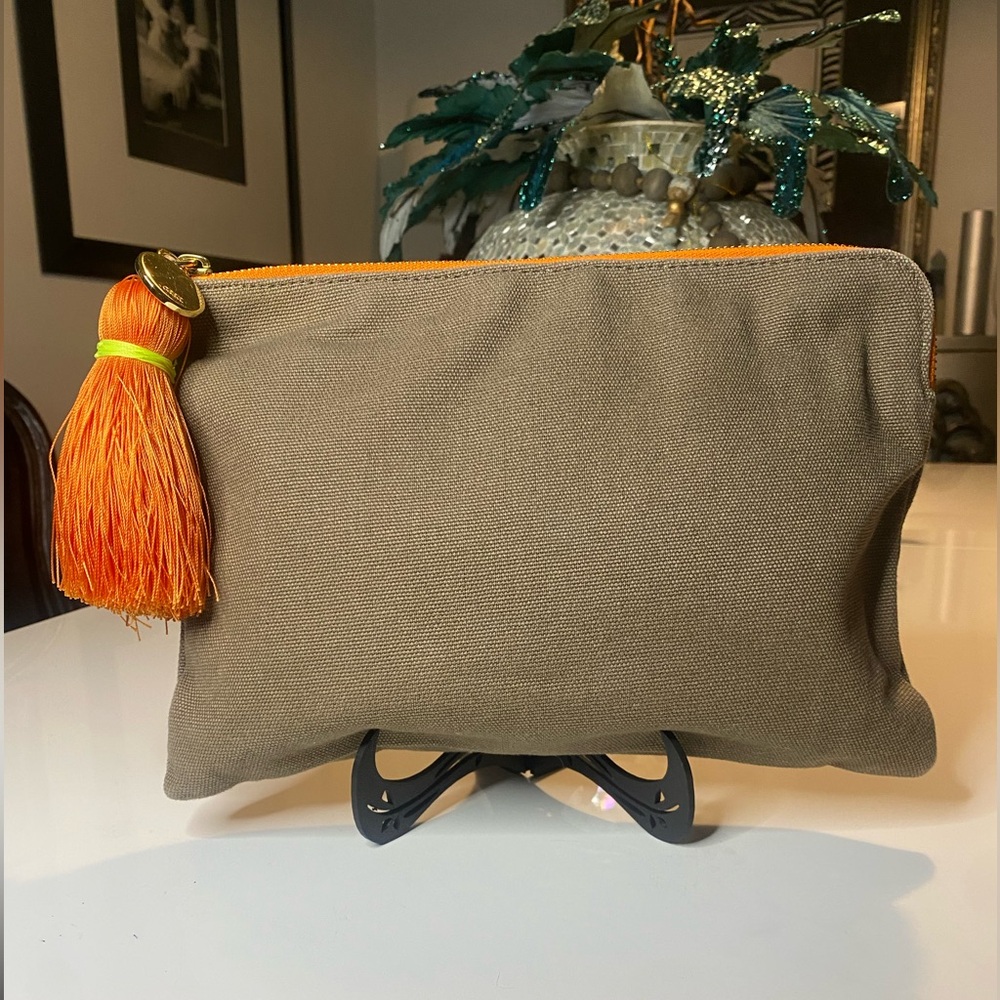 Canvas Khaki Pouch with Orange Detail and Gold Hardware 🧡